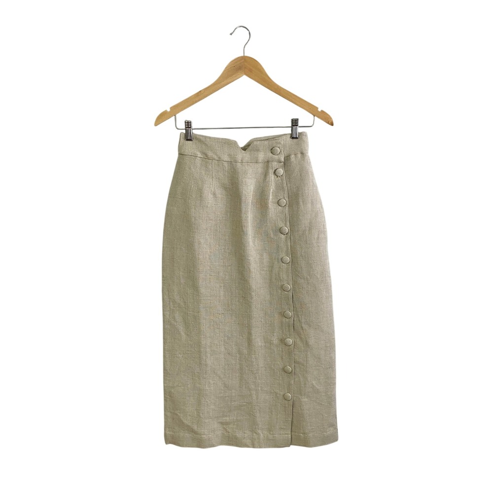 Ajaie Alaie XS 100% Linen High Waist Asymmetric‎ Button Placket Midi Skirt Beige